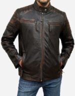 Men's Moto Cafe Racer Distressed Brown Leather  Jacket